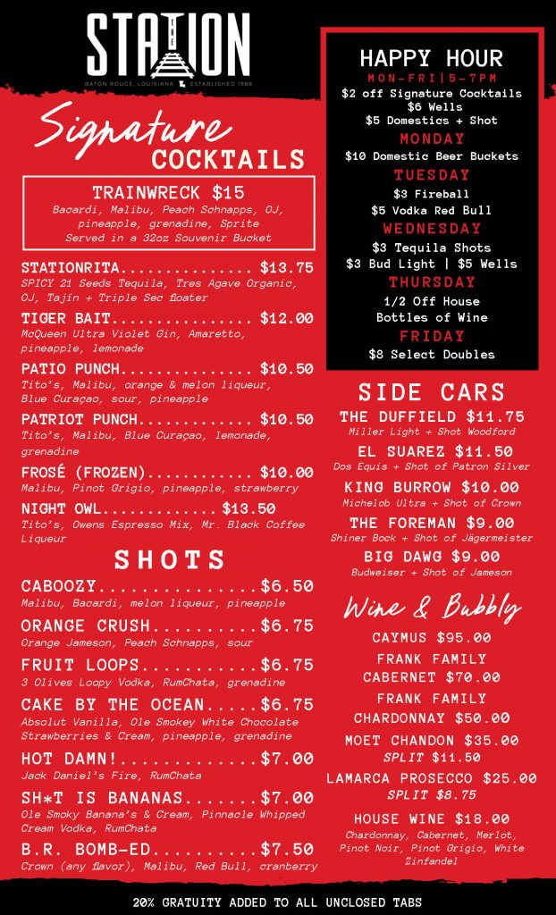Specialty Drink and cocktail menu at The Station in Baton Rouge, Louisiana