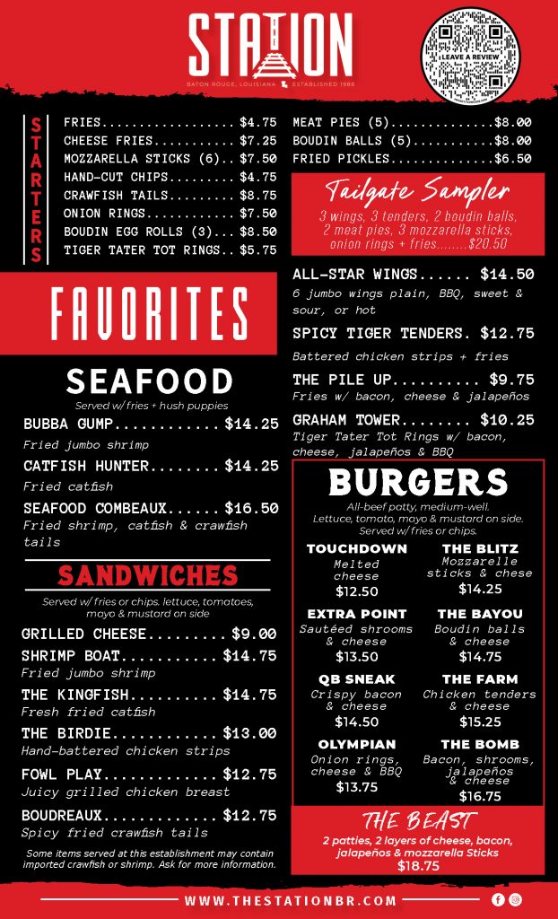 Food Menu at The Station in Baton Rouge, Louisiana